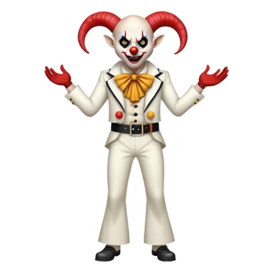 full-body demonic clown in a white leisure suit with bellbottom pants, bald, with black ram horns, flashy belt, ruffled shirt, no neck tie, large fangs in mouth sticker
