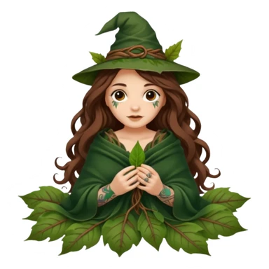cute forest witch woman long wavy brown hair tattoos wrapped in leaf blanket sticker