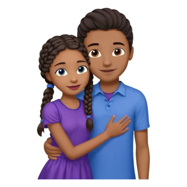 Boyfriend who is medium tan olive skinned with blue eyes and wavy straight brown hair in a blue shirt and his girlfriend who is dark skinned, juicy lipped with black braided hair and the two are hugging and smiling she’s wearing purple and she has black eyes sticker