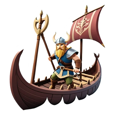 clash-of-clans-aesthetic_-cinematic-viking-longboat, rendered in a flat, bold vector style with minimal shading, featuring a striking dragon-headed prow slicing through icy, churning waters. shields on the side and vikings rowing The longboat’s intricately detailed shields and carved motifs evoke a sense of epic adventure and Nordic might, with billowing sails catching a dramatic, stormy sky backdrop. sticker