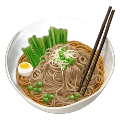 bowl of japanese buckwheat soba noodles with two chopsticks and spring onions sticker