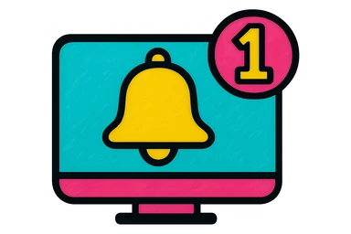 Add a red number badge '1' to the notification pop-up icon, keeping the colorful pop style with transparent background and vibrant colors. sticker