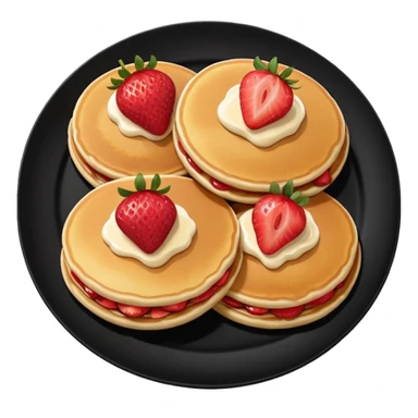 Three Pancakes with strawberries in a black plate sticker