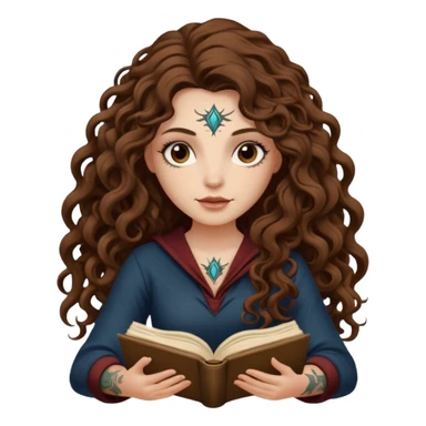 woman with long curly brown hair, brown eyes, white skin, tattoos, reading a spellbook that grows roots instead of pages sticker