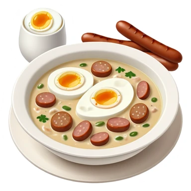 cinematic-realistic zurek-soup-dish-emoji,-depicted-as-a-tangy,-creamy-rye-soup-with-sausage-and-1 boiled egg-rendered-with-detailed-textures-and-warm,-comforting-lighting. sticker