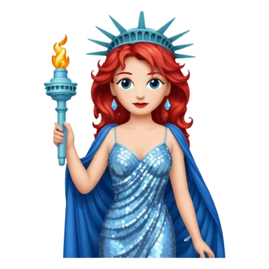 Lady Liberty from Film Studios with red wavy hair, white sequin gown, blue sequin drape sticker