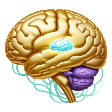 Pearlescent capsule floating between a translucent glowing brain and a translucent liver. Golden waves of connection emanate from the brain, representing improved memory, clarity and neural communication. The entire scene has an ethereal glow showing the beneficial properties of choline. sticker