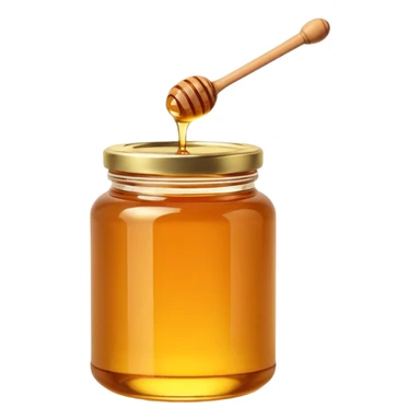 glass jar of honey, golden amber, glossy surface, light reflections, dense smooth honey, simple lid wooden metallic or golden, blank label optional, minimal honey dipper resting on jar, 3D clean style, transparent background sticker