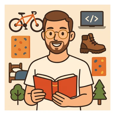 flat-toon style young man with light skin, short brown hair, neatly trimmed beard, round gold-rimmed glasses, smiling, plain white t-shirt, holding open red book at chest level, surrounded by hobby icons: orange mountain bike, gray laptop with code, brown hiking boot, climbing wall, bed with blue blanket and moon-and-stars, green tree sticker
