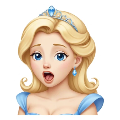 Cinematic Realistic Yawning Cinderella Portrait, showcasing lifelike porcelain skin and intricately detailed golden-blonde hair styled flawlessly as she mid-yawn reveals a moment of tender vulnerability. Her half-closed blue eyes and relaxed expression are rendered with natural, soft lighting that emphasizes the subtle textures of her face and the detailed, flowing fabric of her iconic gown. The scene glows with a cozy, authentic warmth that captures a rare, intimate moment of repose. sticker