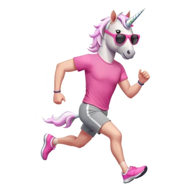 friendly anthropomorphised male white unicorn in grey shorts and pink t-shirt, wearing dark sunglasses, jogging upright in a standard pose sticker