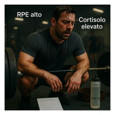 Replace the floating icons above the head with clear and readable Italian text: 'RPE alto' and 'Cortisolo elevato', maintaining the cinematic style and original color palette of the image. sticker