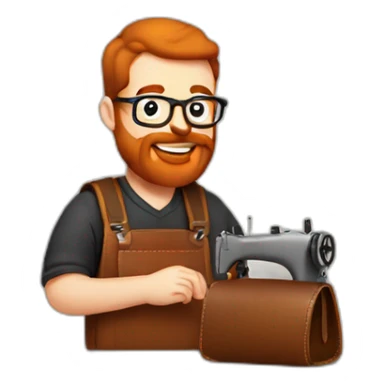 Red smooth haired man with beard and glasses sewing a leather bag by hand sticker