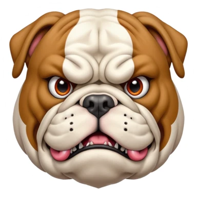 Create a fierce bulldog head emoji facing forward.
Strong jaw, deep wrinkles, and an intense scowl.
Small folded ears, sharp focused eyes, slight underbite with two visible fangs.
Style: modern esport mascot — clean lines, high contrast, intimidating but iconic.
Transparent background. sticker