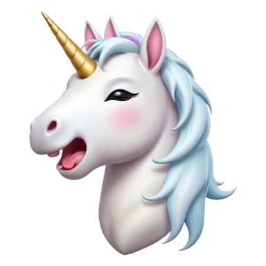 Cinematic Cute Yawning White Unicorn Portrait Emoji, Head tilted slightly with a dramatic, wide-open yawn, showcasing a softly elegant form with a gently cascading mane, a subtly glowing horn and sleepy, half-closed eyes, Simplified yet irresistibly adorable features, highly detailed, glowing with a soft, cozy magical glow, high shine, relaxed yet expressive, stylized with a dash of whimsical enchantment, soft glowing outline, capturing the essence of a drowsy yet affectionate white unicorn that appears ready to stretch and yawn its way out of the screen! sticker