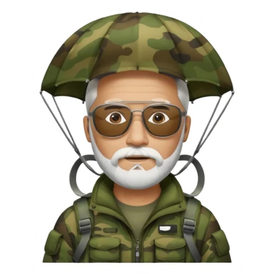 Man with a white beard and dark glasses wearing camouflage in a parachute sticker