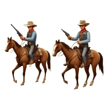 Icon for Western: A vintage movie poster-style design with cowboys on horseback, dusty desert landscape, and a setting sun. Include cowboy hats, revolvers, and an old saloon. The design should have bold typography and a retro cinematic feel. Transparent background. sticker