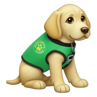 yellow lab puppy wearing a green service dog vest that reads “guide dogs for the blind puppy in training” sticker