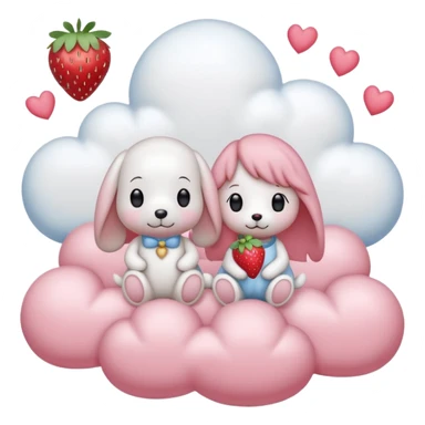  Couple DP in AI emoji style with Cinnamoroll and Snoopy. Both wear strawberry-themed accessories, sitting together on a pastel pink cloud with hearts, sparkles, and strawberries around. Cute, soft, and romantic vibe. sticker