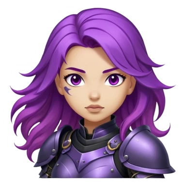 A mysterious warrior girl with flowing purple hair, dressed in black armor. sticker