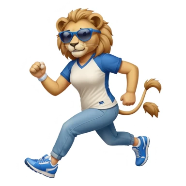friendly anthropomorphised female lion wearing a baseball shirt, jeans, trainers, dark sunglasses, jogging upright, looking dominant and confident sticker