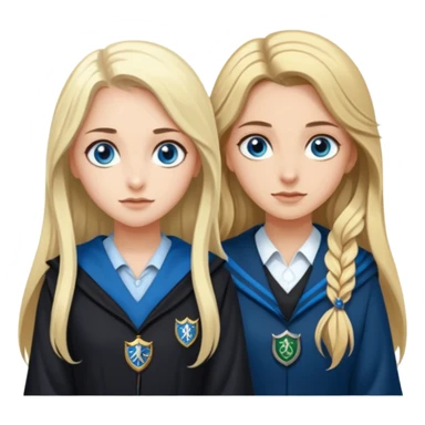 a pretty ravenclaw girl with long brown hair and blue eyes standing with a hot Slytherin girl with long blonde hair, blue eyes and big boobs  sticker