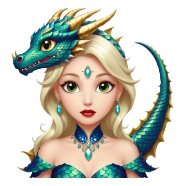 A gorgeous woman with dragon features with glittering jeweled scales covering her body. She has large almond shaped eyes, lush lips, and she wears a stunning luminescent gown. sticker