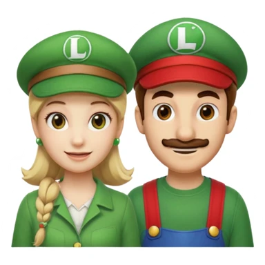 blonde female Luigi (with the Luigi green hat with an L on it) and a normal brown hair male Mario with the red hat with a (M) on it. They are friends just smiling. think video game sticker