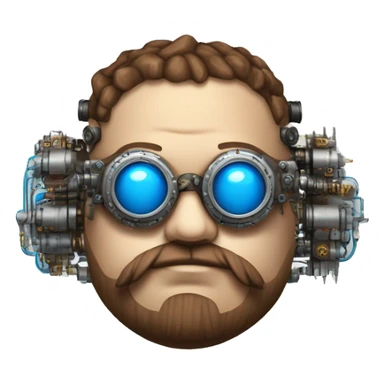 Fat cyborg head with blue steampunk goggles, brown beard and circuits sticker