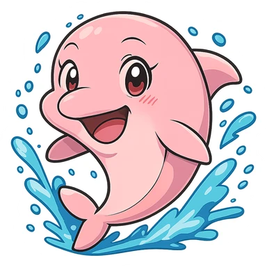 Resize to 128x128 pixels. Pink dolphin enjoying swimming with water effects and a big smile. Keep background transparent. Render in anime style. sticker