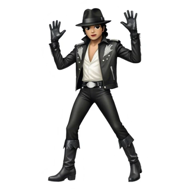 Icon for R&B Music: Michael Jackson on stage in full body, wearing his iconic concert costume—black leather jacket, sequined glove, fedora, and boots. He strikes a powerful pose, embodying the energy of R&B music. Transparent background. sticker