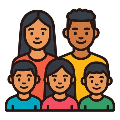 Hispanic family of five, parents in back and three kids in front with girl in the middle, all facing forward, mom with long straight dark hair, dad with short black curly fade, 9-year-old boy with short hair, 6-year-old girl with long straight hair, 6-year-old boy with short hair sticker