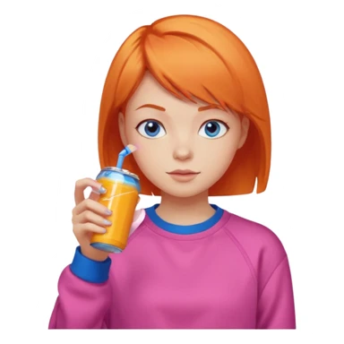 orange short hair girl sipping energy drink, blue eyes, pink sweatshirt sticker