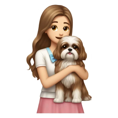 human girl with long wavy brown hair hugging a cream colored shih tzu girl with bow sticker