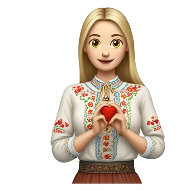 A Ukrainian woman in an embroidered shirt holds a heart in her hands sticker