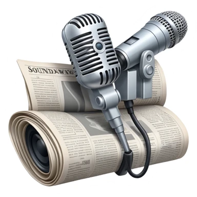 An icon featuring a microphone, a newspaper, and a camera, representing journalism and mass media. The design includes soundwaves and headlines, symbolizing the spread of information and news. Transparent background highlights the power of communication and media. sticker