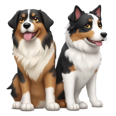 Two animals, a Fat calico cat with a black and tan Australian Shepard dog sticker