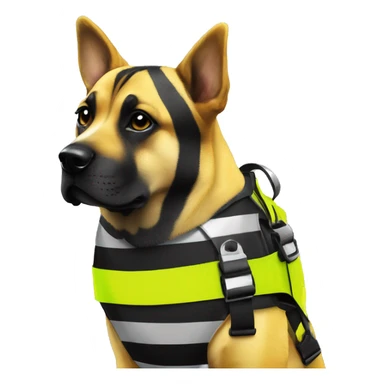 Neon Yellow and black striped caution dog covered in caution tape and holographic harness graffiti sticker