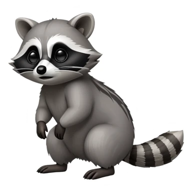 Cinematic-Raccoon-Realistic-hunched Full-Body on all fours-Emoji – Tail flicking lazily, head tilted dramatically, thick grey fur with a signature black mask, sharp and alert ears, simplified yet realistic focused features, highly detailed, glowing with an almost sarcastic glow. big black eyes sticker