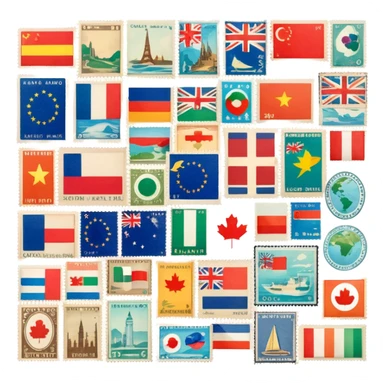 Icon for Stamp Collecting: a collection of vintage and colorful stamps arranged in an album or on a desk, showcasing various countries and themes. The icon should reflect the charm and history of philately. Transparent background. sticker