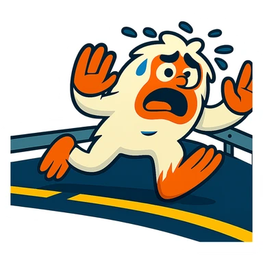 Remove the background, leaving only the small, scared abominable snowman in front of the black semi truck with road stripes and a guardrail, both on the same side of the road. Make the background transparent. sticker