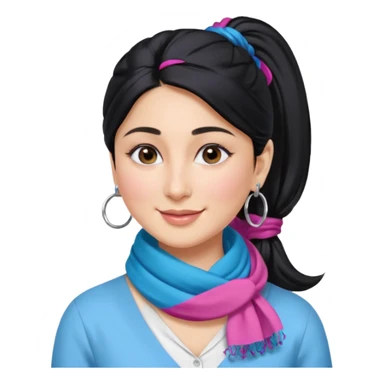 generate a pretty bratz emoji 
Make her wear a white shirt with a colorful blue-pink scarf wrapped around her neck. smiling big. Black hair tied into a side part ponytail, silver hoops and no necklace

She should look exactly  like Kareena Kapoor. kohl under eyes sticker
