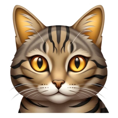 Cinematic Noble Grey and Black Brown Tabby Cat Portrait Emoji, Poised and regal, with sleek grey-brown fur featuring bold black tabby stripes and a distinct M-shaped marking on the forehead, bright amber eyes, Simplified yet sharp and sophisticated features, highly detailed, glowing with a soft, dignified glow, high shine, intelligent and graceful, stylized with an air of elegance, focused and attentive, soft glowing outline, capturing the essence of a watchful and refined feline, so majestic it feels as though it could glide across the screen with effortless confidence! sticker