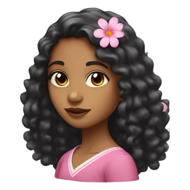 srilankan girl with long black curly hair, almond eyes and a pink flower tucked behind her ear  sticker