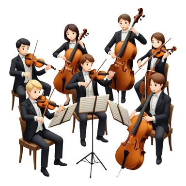 Icon for Classical Music: chamber orchestra with 4-5 musicians playing string instruments (violins, violas, cellos) and a conductor leading the ensemble. The intimate, refined atmosphere. Transparent background. sticker