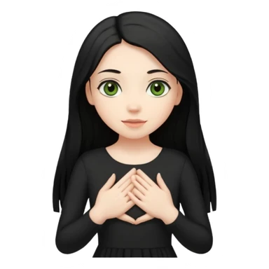 Pale girl with long black hair and olive green eyes soft smile wearing black dress and holding hands over her chest sticker