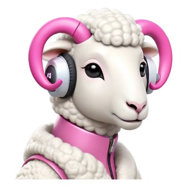 Sheep character with minimalist features and a distinctive high-tech earpiece that wraps around one ear. The earpiece should be sleek, futuristic and neutral-colored (silver or white) that complements the sheep's clean white body. The sheep has a trendy asymmetrical wool haircut dyed vibrant pink, with one side featuring an undercut style. The sheep wears simple, minimalist clothing without bold colors. Simple, bold shapes with minimal details but with a confident, slightly smirking expression that gives off a true trendsetter vibe - like this sheep is always ahead of the curve and knows it. sticker