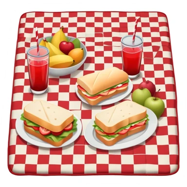 picnic with sandwiches, fruits, and drinks on a red and white checkered blanket sticker