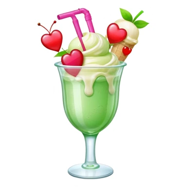 Create an emoji with a clear rounded glass, bright transparent green soda, vanilla ice cream scoop, two red cherries, pink heart-shaped straw, simple shapes, bright colors.
 sticker