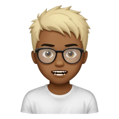 Black Male Teenager with Short punk messy blonde hair, Dark brown bushy eyebrows large expressive golden-brown eyes, wearing a plain white t-shirt, wearing thick black glasses, Dark Brown skin color. Showing off his singular vampire tooth sticker